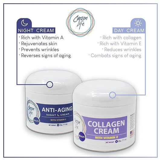 Carson Life Day and Night Moisturizers for Face – Exclusive Day Cream and Night Cream Set - Collagen Cream and Night Cream for Women Anti-Aging.