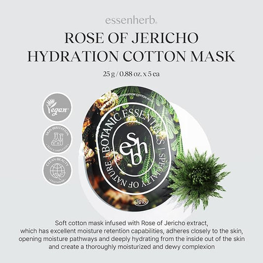 Rose of Jericho Hydration Cotton Mask, Moisturizing, Vegan, Korean Skin Care Face Mask 25g*5 sheets