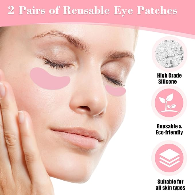 Under Eye Patches, Reusable Under Wrinkle Silicone Mask Pink, Plump Fine Lines & Wrinkles with Metal Eye Cream Applicator, Tin Case