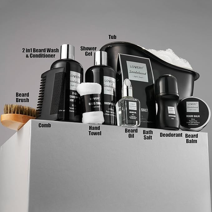 Beard Kit and Body Care Gifts for Men, Sandalwood Spa Gift Baskets, Mens Bath and Beard Grooming Kitf or Him, Unique Birthday Gifts for Him with Beard Balm, Growth Oil, Deodorant and More
