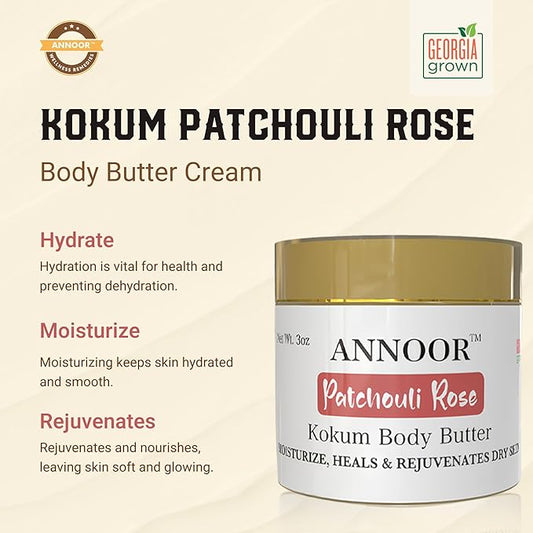 Kokum Patchouli Rose Body Butter Cream | 3 Oz | Enriched with Rose Hydrosol, Kokum Butter, Shea Butter, Almond Oil, Ginger, Vitamin E, and Vitamin B5 | Deeply Hydrating and Softening Cream