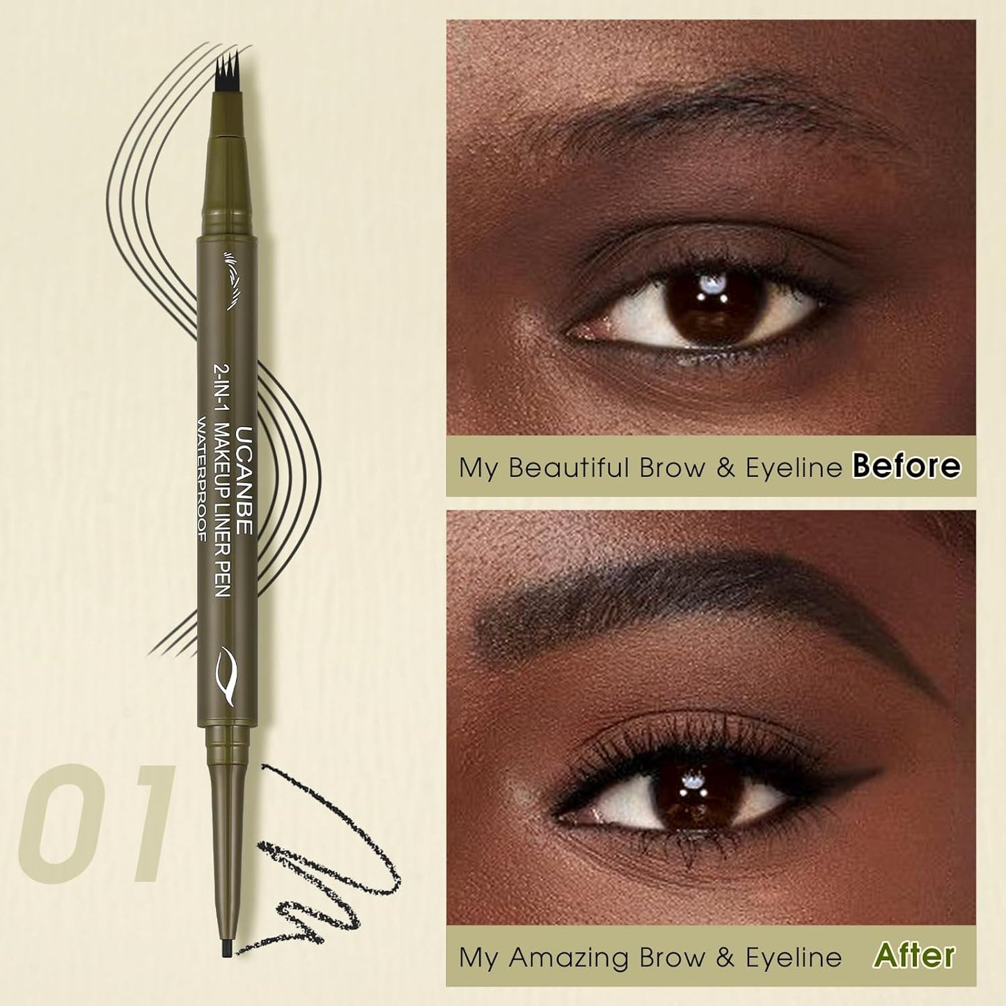 UCANBE Eyebrow Pen, Dual-Ended Eyebrow Pencil with 4-Fork-Tip & Gel Eyeliner for Women, Eye Brow Pen with Gel Eyeliner Pencil, Microblading Eyebrow Pencils with Hair Like Strokes, Soft Black