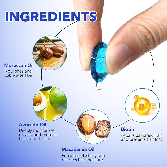 Hair Treatment Serum Hair Vitamin Capsules 60Pcs, with Vitamin A C E Pro B5, No Rinse with Argan Macadamia/Avocado Oil for Hair Repair, Smooth & Anti Frizzy (blue, 40)