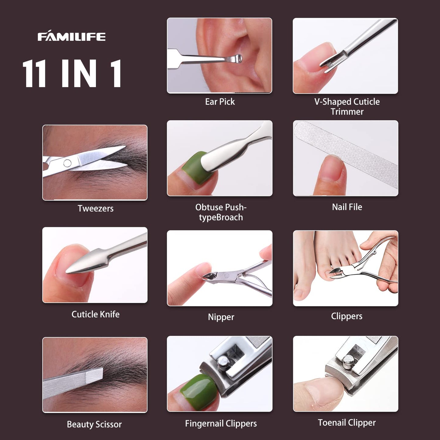 FAMILIFE Manicure Set, Nail Clippers Set Professional Manicure Kit 11 in 1 Stainless Steel Pedicure Tools Nail Kit Mens Grooming Tool with Portable Leather Travel Case Dark Violet Birthday Gifts