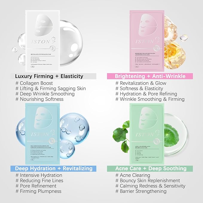 ISTON 4-in-1 Collagen Face Mask Set | Overnight Hydration & Anti-Aging Hydrogel Sheet Masks with Collagen, Hyaluronic Acid, Niacinamide, Peptides & Centella for Wrinkle Reduction& Glowing Skin