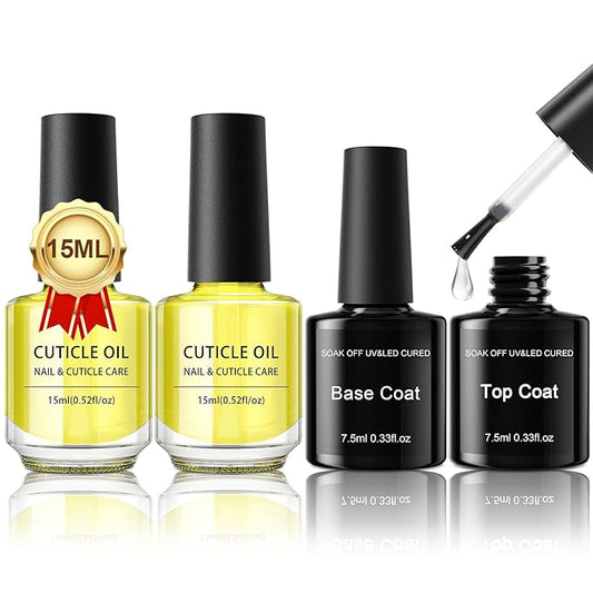 Cuticle Oil 2 Pcs 15ml with Gel Top Coat Base Coat 2 Pcs 7.5ml - Hydrating Moisturizing Nail Cuticle Oil for Nails Damage Dry Cuticle Long Lasting No Wipe Base Top Coat Gel