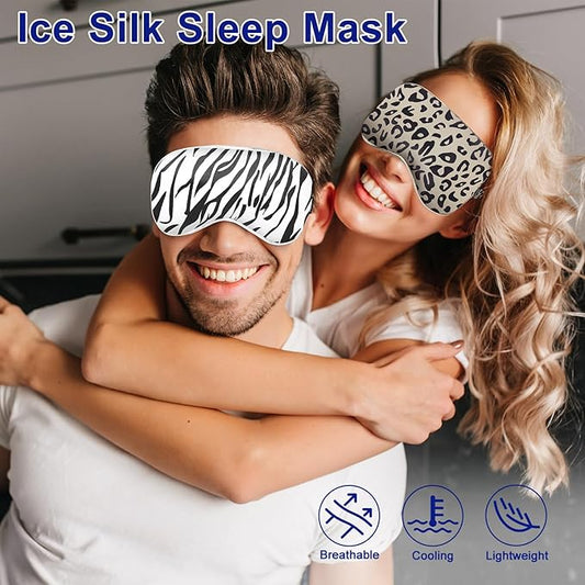 Sleep mask w/Cooling Gel Eye Mask, 2Packs Heated Eye Mask for Sleeping, Reusable Ice Silk Blackout Eye Cover Sleeping Mask for Travel, Home, Office, Yoga, Stocking Stuffers (Zebra+Leopard)