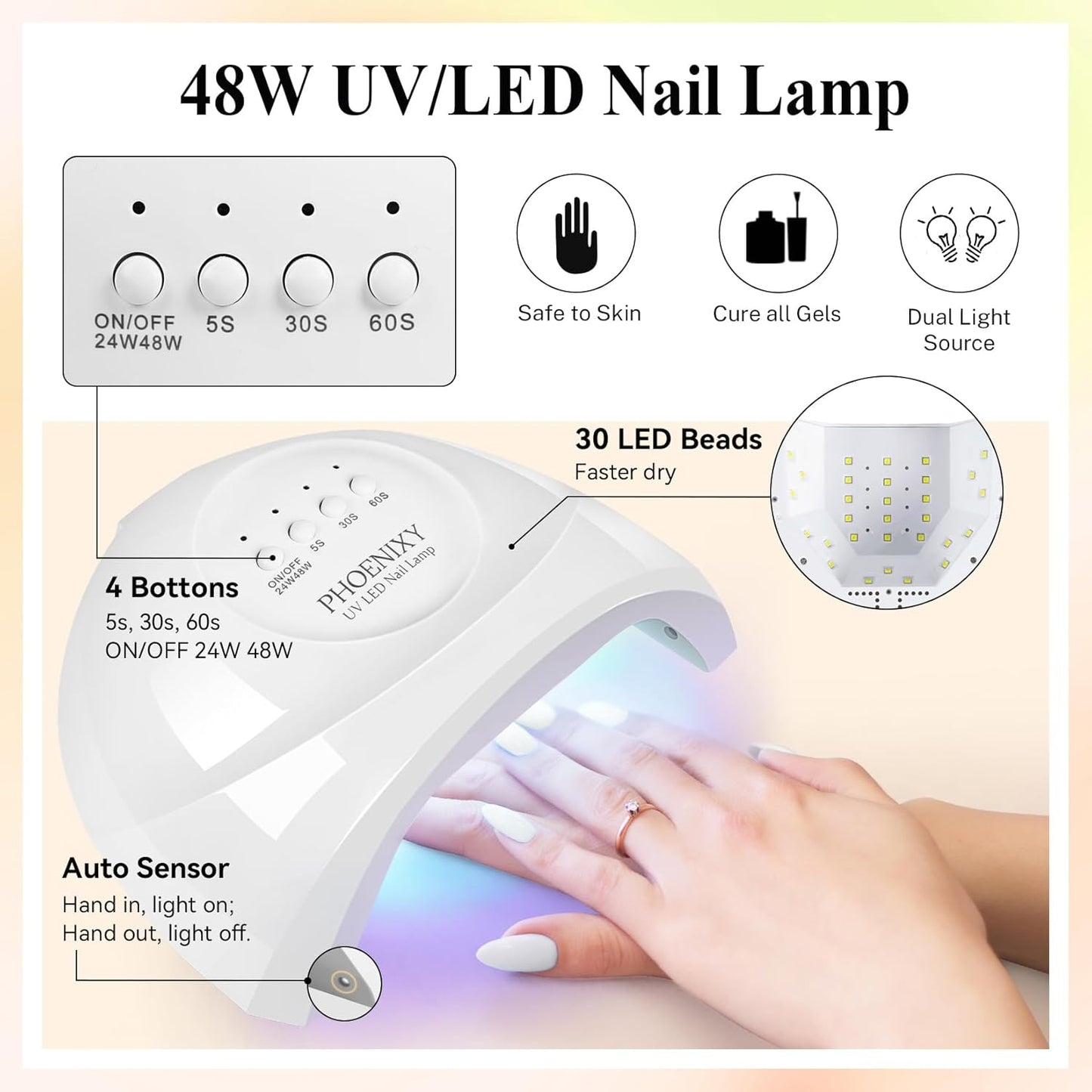 PHOENIXY Gel Nail Polish Kit with U V Light 48W, 66 Pcs 135 Effect Gel Nail Polish Set Base Glitter Top Coat Manicure Tools Gifts for Women