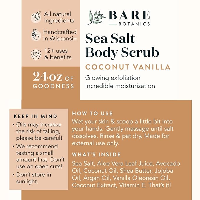 Bare Botanics Coconut Vanilla Body Scrub 24oz | Made in Madison, WI | All Natural Sea Salt Exfoliator w/ Skin Loving Moisturizers | Vegan & Cruelty Free | Gift Ready Packaging w/ a Cute Wooden Spoon