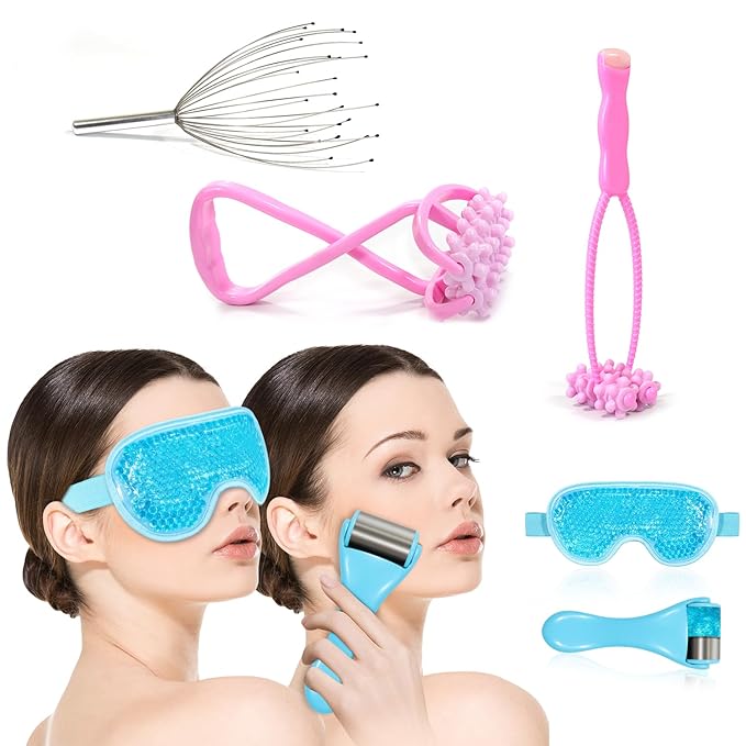 Ice Face Roller, Cooling Eye Mask, Head Scratcher Face Lifting Massager Muscle Roller 3PCS Set, 24 Fingers Head Scalp Massager Body Massager for Leg Arm Calf Neck Women Man Massager Tool