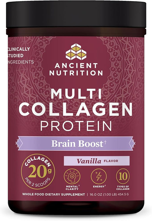 Ancient Nutrition Collagen Powder Protein, Multi Collagen Protein, Hydrolyzed Collagen Peptides Supports Skin and Nails, Joint Supplement (Brain Boost, 45 Servings)