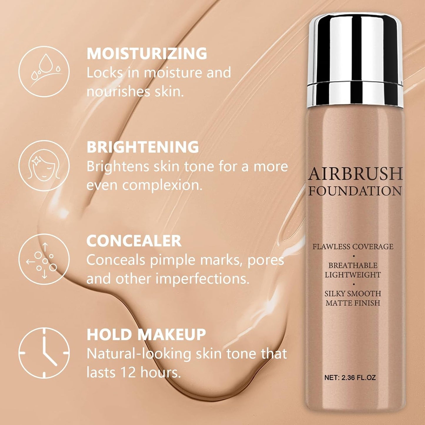 AirBrush Foundation Spray With Primer and Brush, Silky Mist Foundation Spray Makeup, Full Coverage Foundation for Smooth Radiant Finish, Formula Breathable Lightweight Hydrating(#3 Nude)
