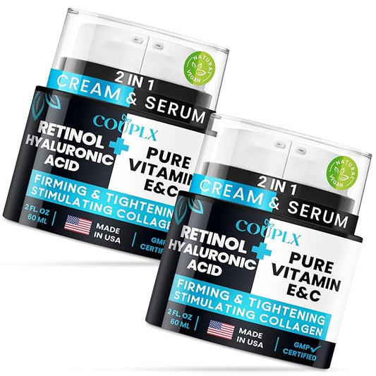 2-Pack 2-in-1 Collagen Booster, Retinol & Hyaluronic Acid Cream & Serum, Anti-Aging, Lifting Skin-Tightening Moisturizer for Men & Women, Neck and Décolleté, Made in USA Daily Moisturizer Face Cream