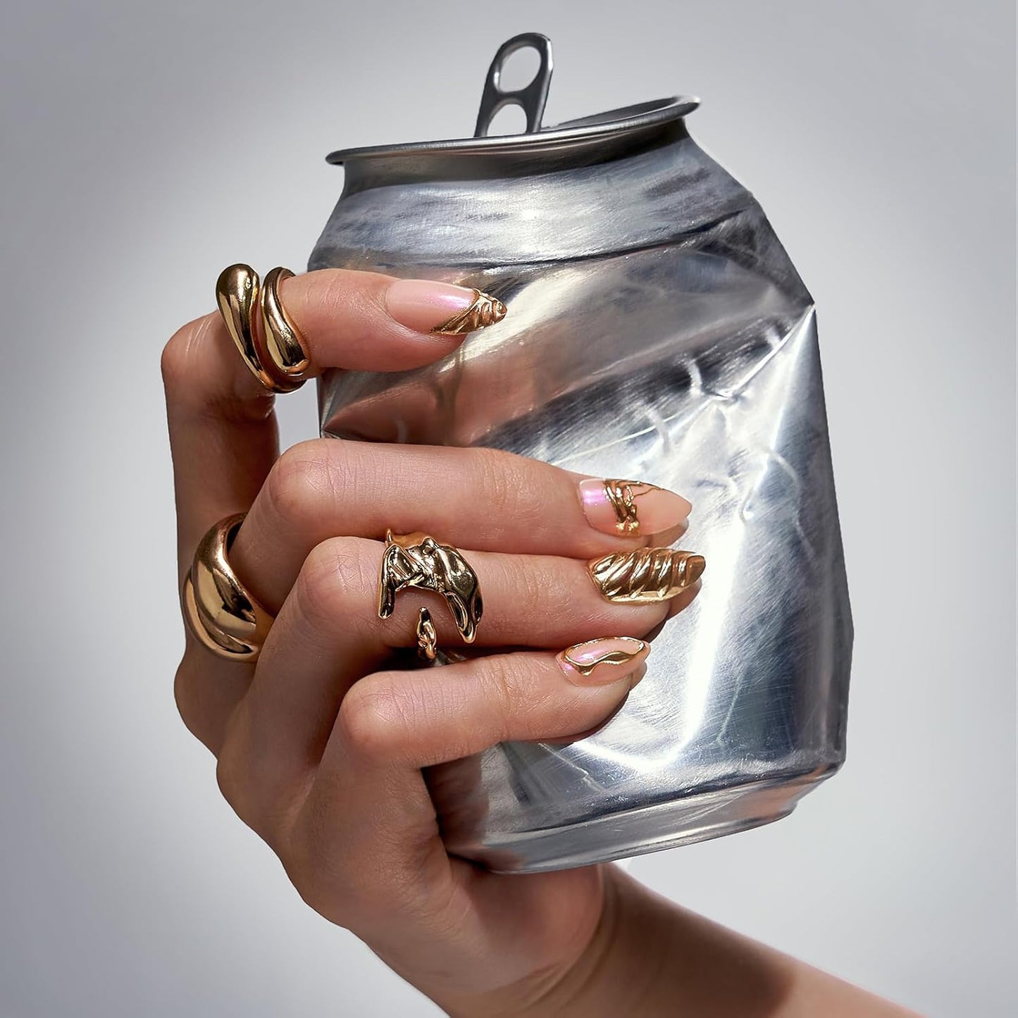 BTArtbox Press On Nails Short - 3D Gold Sculpting Almond Press On Nails with Glue for Women, Opaque Soft Gel Glue On Nails in 16 Sizes - 32 Stick On Nails Kit, Metalhead