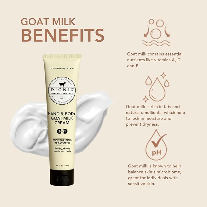 Dionis Goat Milk Skincare Scented Hand & Body Cream - Travel Size Lotion For Hydrating & Moisturizing Dry and Sensitive Skin, Cruelty Free, Paraben Free Made in The USA, Vanilla Chai, 3.3 oz