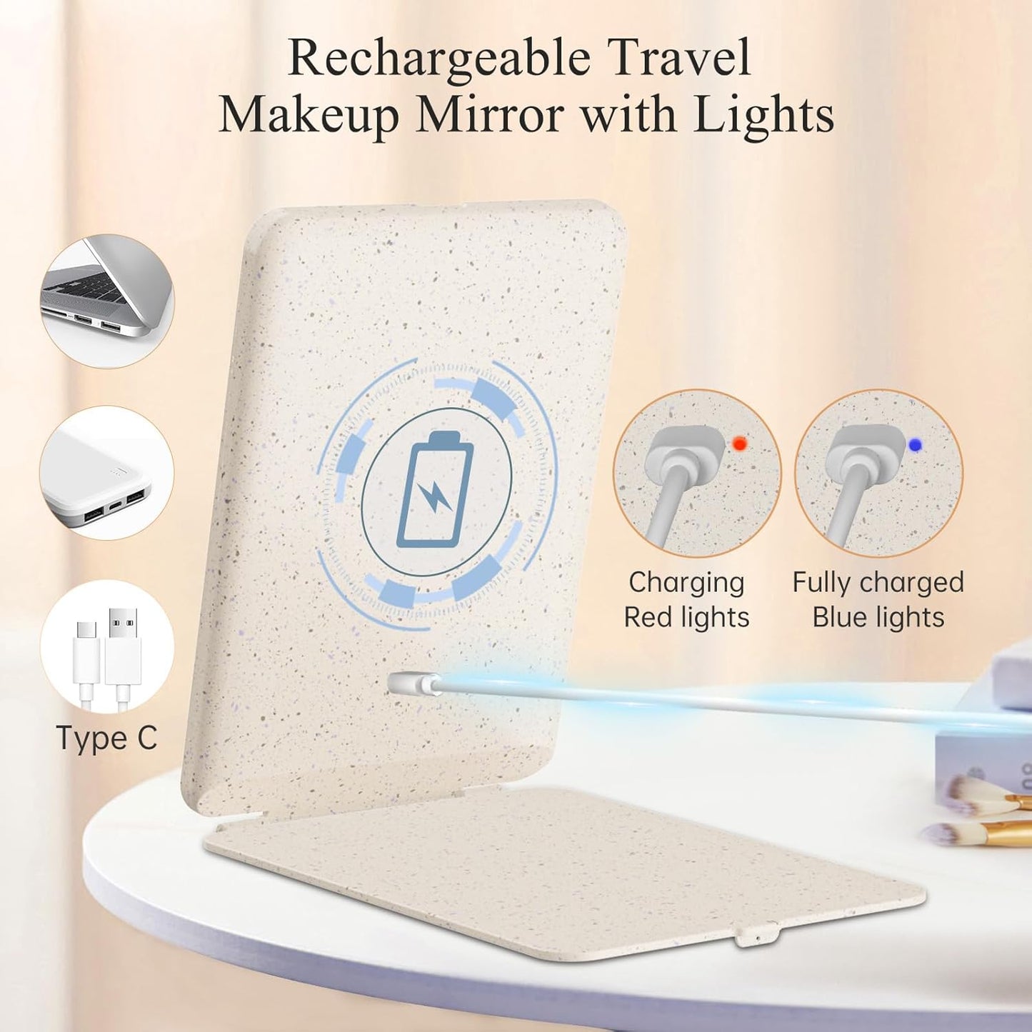 FUNTOUCH Rechargeable Travel Makeup Mirror with 72 Led Lights, Portable Lighted Makeup Mirror, 3 Color Lighting, Dimmable Touch Screen, Type C, Tabletop LED Folding Cosmetic Vanity Mirror