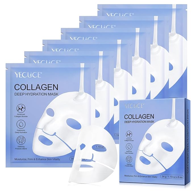 Collagen Face Mask 6P, Collagen Hydrogel Mask, Moisturize, Firm & Enhance Skin Vitality, Pore Minimizing, Elasticity Improvement 6 Packs