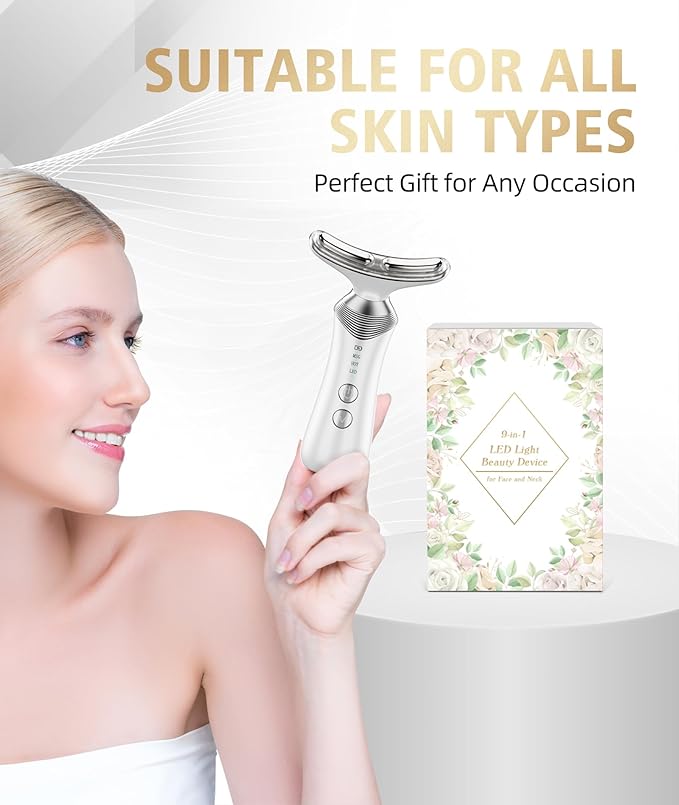 9-in-1 Red-Light-Therapy-for-Face-and-Neck, Portable Facial Massager Tool with Adjustable Vibration & Thermals for Wrinkles, Double Chin, White