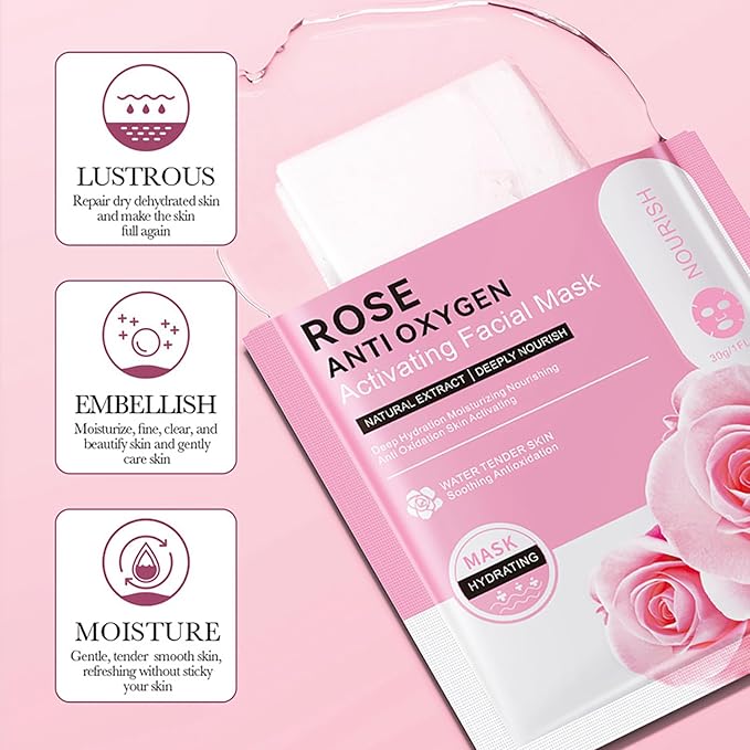 BIOAQUA Facial Mask Firming Deeply Nourish Moisturizing 98% Natural Extract Hydrating Face Mask 5PCS Set (Rose Extract (Anti-Oxygen))