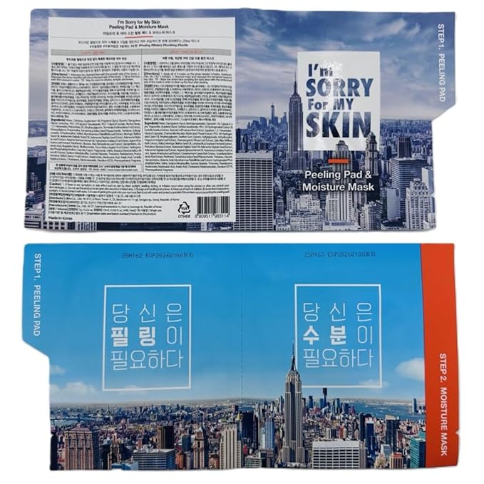 I'M SORRY FOR MY SKIN Peeling Pad & Moisture Mask, Korean Toner & Exfoliating Face Pads, Makeup Remover Cotton Rounds, Glass Skin Self Care Items, 2-Step Skin Care Travel Essentials Kit (Set of 10)