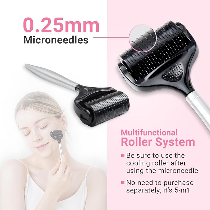 Derma Roller Kit for Hair Beard Face Body Scalp 5-in-1 0.25mm Titanium Microneedle Roller Ice Roller Steel handle