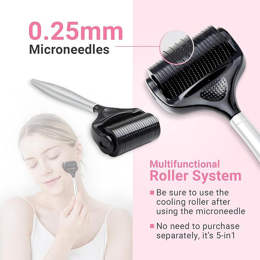 Derma Roller Kit for Hair Beard Face Body Scalp 5-in-1 0.25mm Titanium Microneedle Roller Ice Roller Steel handle
