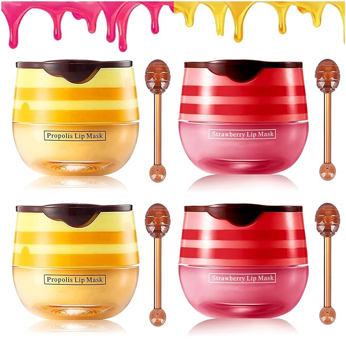 Lip Balm Honey Pot Propolis Lip Mask, Strawberry Honey Lip Sleep Mask Moisturizing Prevention Dry and Cracked Lip Scrubs Exfoliator, Reduces Lip Lines (2packs strawberry+2packs honey)