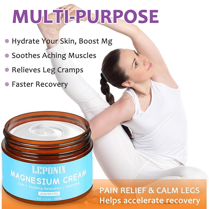 LEPONIX Magnesium Cream for Sleep - Topical Magnesium Lotion for Muscle Relaxation, Leg Cramps, Pain Relief & Better Sleep, Soothing Magnesium Body Butter for Adults & Kids (120ml, Unscented)