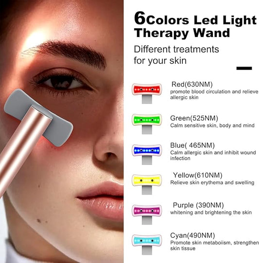 Red Light Therapy for Face, 6 in 1 LED Light Therapy Eye Equipment for Skin,Face Wand with Facial Massager, Skincare Facial Wand,Vibration, Thermal, Microcurrent，Portable Beauty Tools