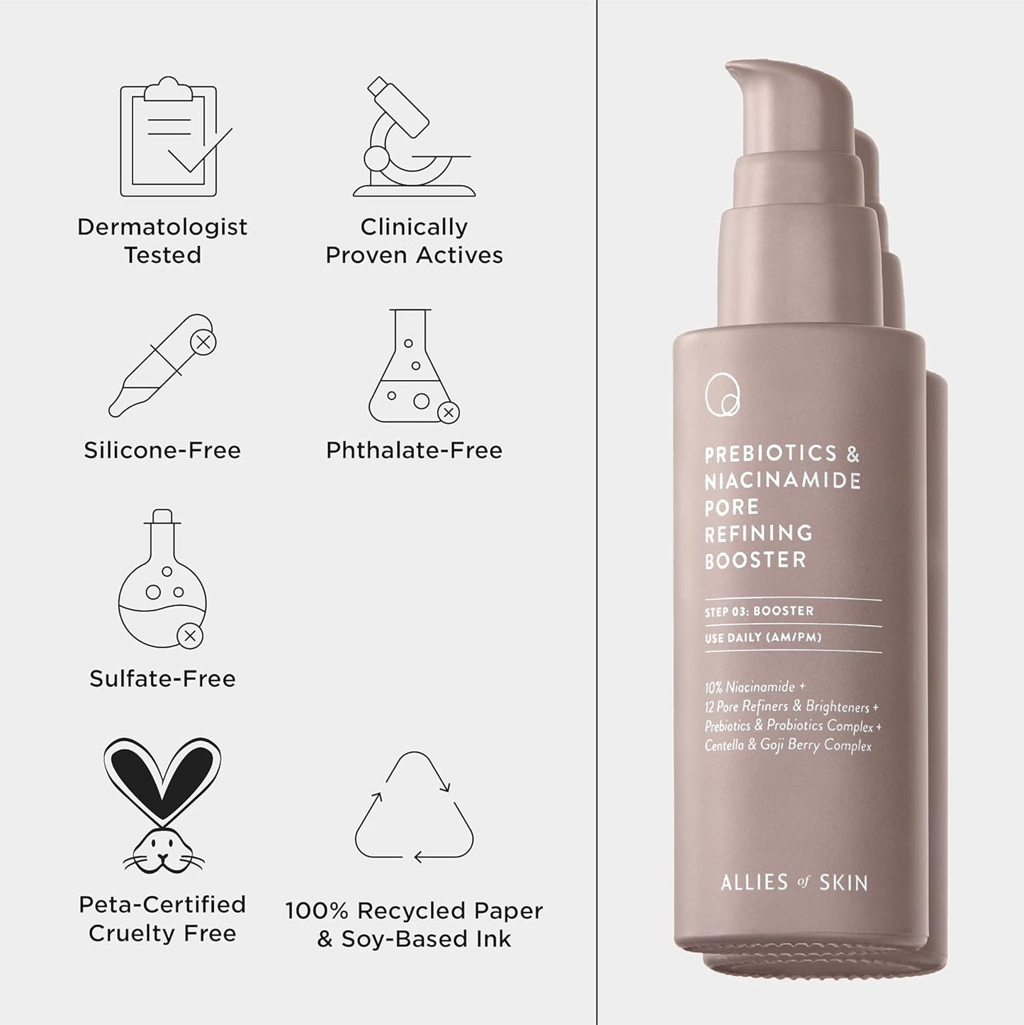 Allies of Skin Prebiotics & Niacinamide Pore Refining Booster: 10% Niacinamide, Goji Berry, Lysophosphatidic Acid. Pore Reducing Serum. Firms & Brightens. Strengthens Skin Barrier 1.7 oz / 50 ml