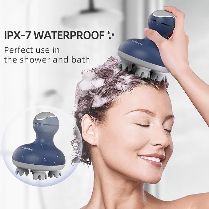 cotsoco Electric Scalp Head Massager, Scalp Hair Massage Waterproof Head Massager with 4 Heads 84 Nodes for Hair Growth and Stress Release Massage Blue