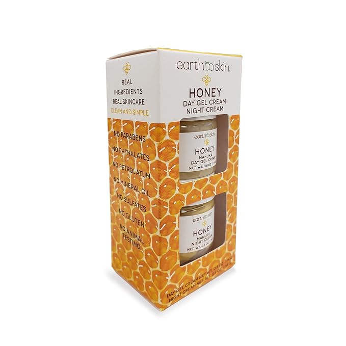 Earth To Skin Honey Manuka Mini Duo Set Day Gel Cream (0.5 Fl Oz) and Night Cream (0.5 Fl Oz) with Hyaluronic Acid & Vitamin E, All-Day & Night Hydration for Face and Neck (2 Pack)