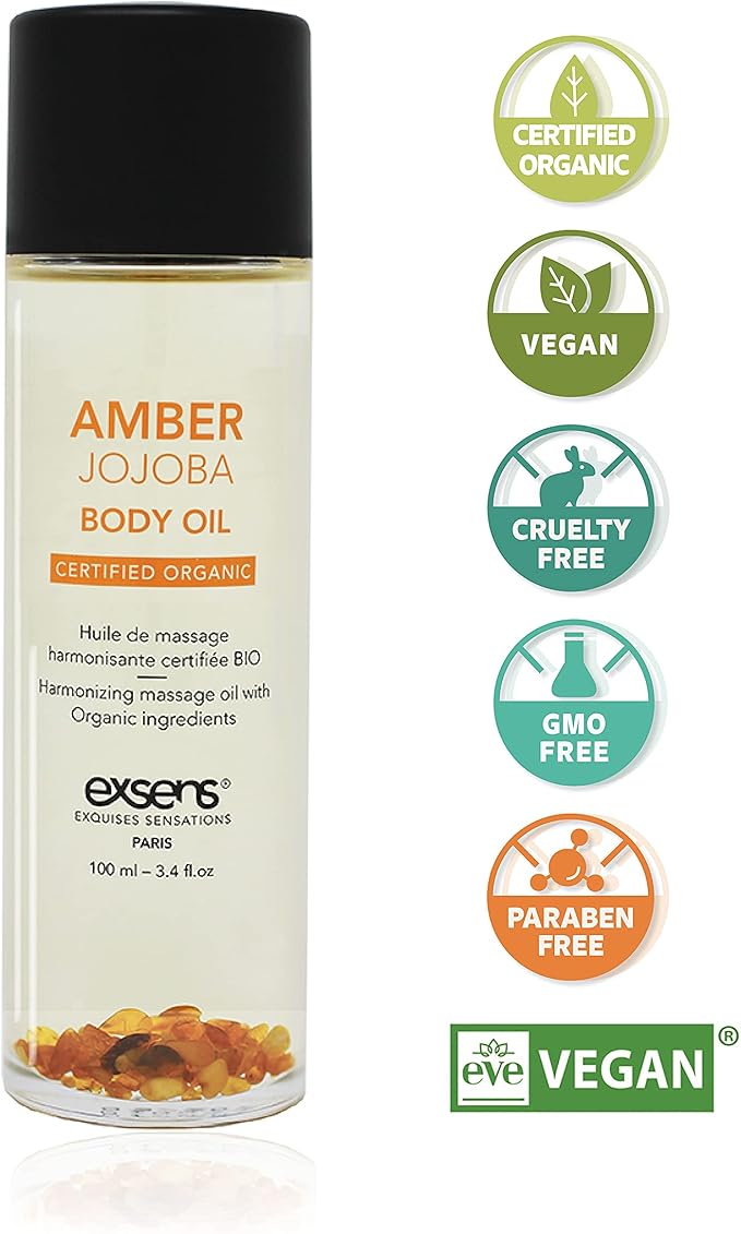 EXSENS Amber Jojoba Crystal Infused Moisturizing Body Oil, Great for Skin& Hair, Certified Organic, Vegan, Paraben Free, Non GMO, Natural Fragrance, 100 ml - 3.8 fl.oz