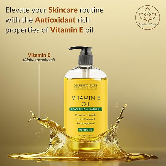 Majestic Pure Vitamin E Oil - 100% Pure & Natural, 20,000 IU | Premium Grade, Cold-Pressed and Tocopherol to Repair Dry, Damaged Skin| Moisturizing Skin, Hair and Scalp 8 Fl Oz