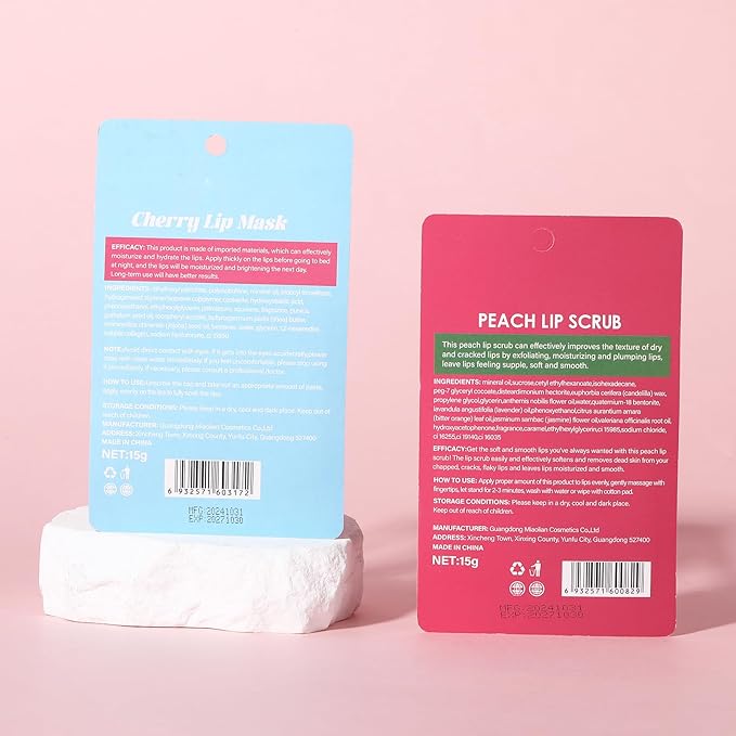 Cherry Lip Mask+Peach Lip Scrub for Women Dry, Cracked and Dark Lips – Lip Scrubber Exfoliator and Organic Lip Scrubs Exfoliator and Moisturizer with Lip Brush – Vegan, Cruelty-Free Lip Care Products