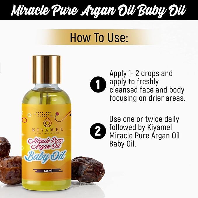 100% Pure Argan Oil for Babies, Baby Oil for Natural Softer Skin, hair, face and nails | Hydrating Vitamin E 6 Fatty Acids for Eczema, Skin Aging, Stretch Marks, Wrinkles, and Under Eye Bags.