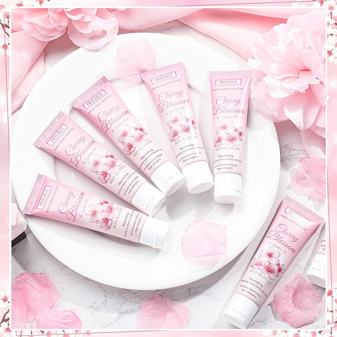 100 Pack Travel Size Body Lotion Cherry Blossom and Jojoba Oil Body Cream 1 oz Dry Skin Moisturizer with Flip Cap for Extra Dry Skin, Inns, Hotels Resorts, Airlines, Offices, Gyms and More