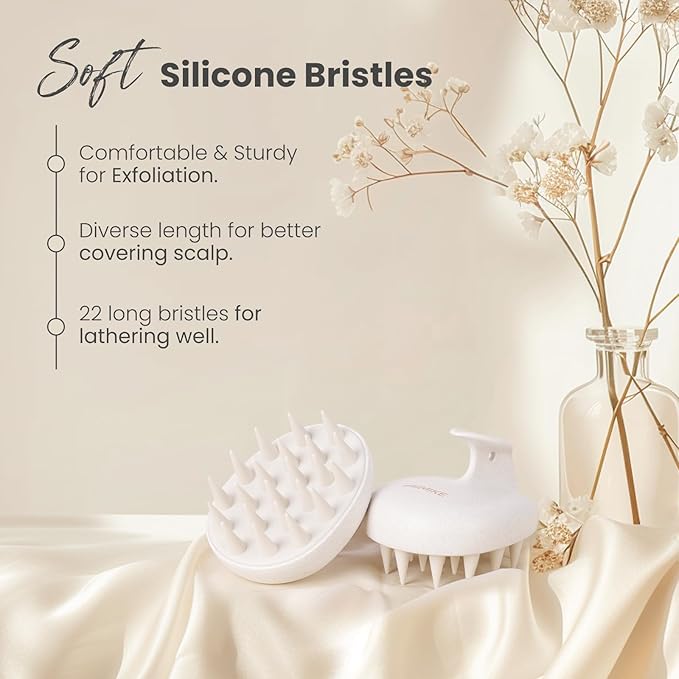 AIMIKE Scalp Massager Shampoo Brush, Silicone Bristles Scrubber/Exfoliator for Dandruff Removal & Hair Growth, Wet/Dry Hair - Beige