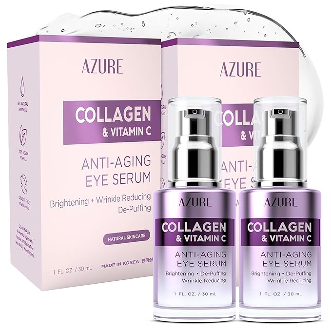 AZURE Collagen & Vitamin C Anti Aging Eye Serum - Toning, De-Puffing Serum - Reduces Wrinkles, Fine Lines & Dark Circles - Minimizes Fatigue - Skin Care Made in Korea - Pack of 2