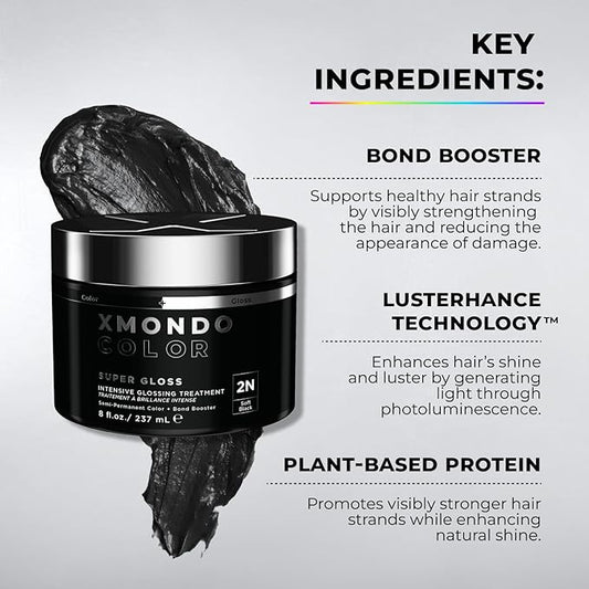 XMONDO Color Soft Black Color Depositing Mask & Semi-Permanent Hair Dye Super Gloss Infused with Bond Boosters for Nourishment, Revitalize & Repair, Vegan Formula, 8 Fl Oz