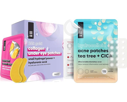 LE GUSHE K-BEAUTY Pimple Patches for Face (132 dots) & Under Eye Patches (30 Pairs). Gold Eye Mask with Collagen & Amino Acid, Cooling Eye Care for Wrinkles, Puffy Eyes & Dark Circles