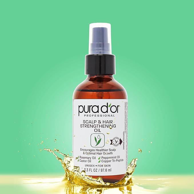 PURA D'OR 3.3 Oz Scalp & Hair Strengthening Oil - Supports Optimal Growth, Reduce Breakage, Nourish Roots for Healthier, Fuller, Thicker Hair - Rosemary, Castor & Peppermint Oil for Stronger Strands