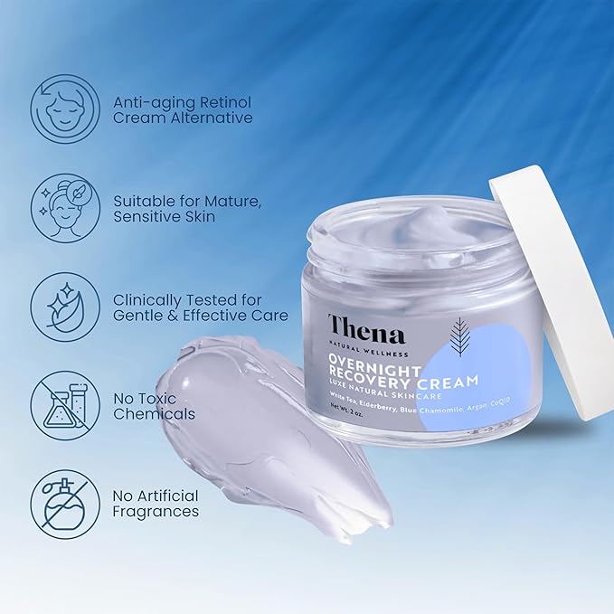 THENA Overnight Recovery Cream Anti Aging Night Cream Natural & Organic Skin Care With Regenerating Collagen Night Face Moisturizer For Women & Men