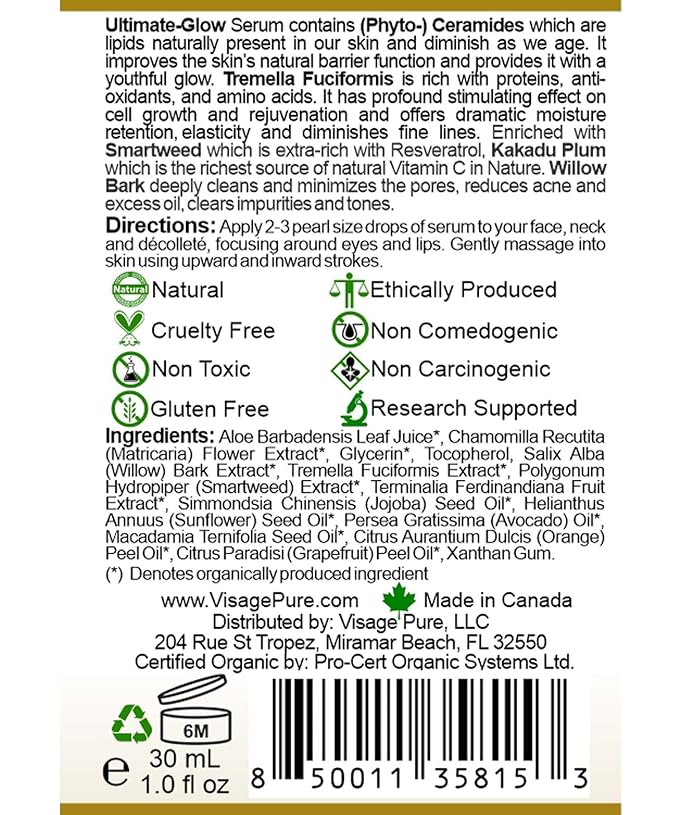 Ultimate Glow - Brightening, Clarifying, Hydrating and Pores Minimizing Face Serum - High Concentration Organic Vitamin C, Phyto-Ceramides, Tremella, and The Pores Cleaning Willow Bark - USDA Organic - Physician Formulated - Research Supported