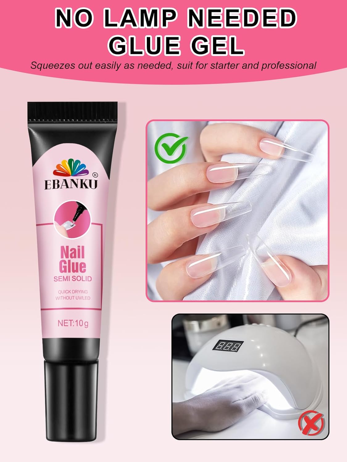 3PCS Quick Drying Solid Nail Glue for Press ons, EBANKU 30g Super Strong Glue Semi Solid Nail Gel Long Lasting Gel (No UV Lamp Needed)