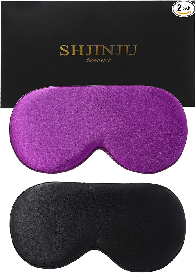2-Pack 100% Real Natural Silk Eye Mask, Silk Sleeping Mask, Shade Puffy Eye Gift with Adjustable Straps, Sleep Eye Mask, SHJINJU Eye Mask Shade (Black and Purple)