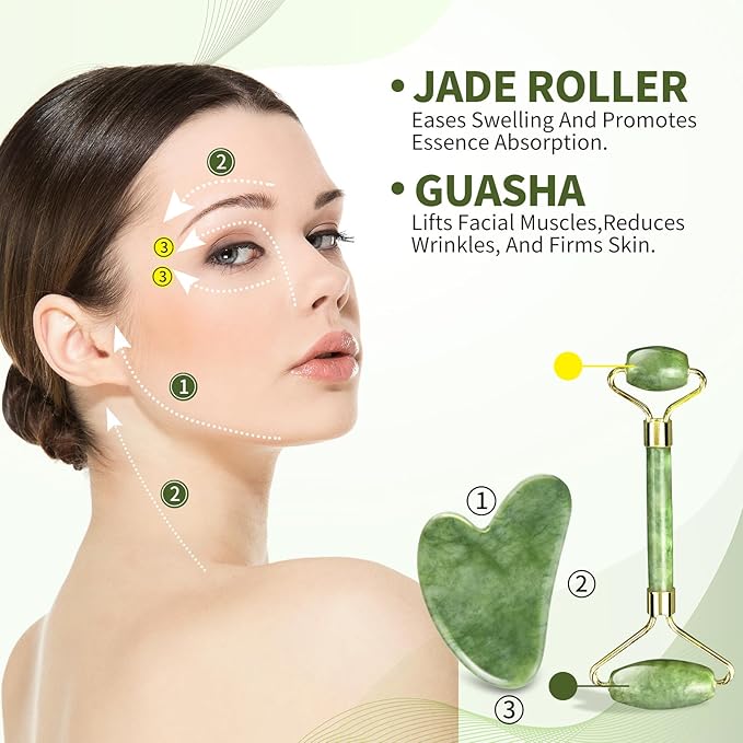 Guasha Tool for Face & Jade Roller for Face,Gua Sha Facial Tools for Reduce Puffiness and Improve Wrinkles,Green Jade Roller and Gua Sha Set Self Care Gifts for Women