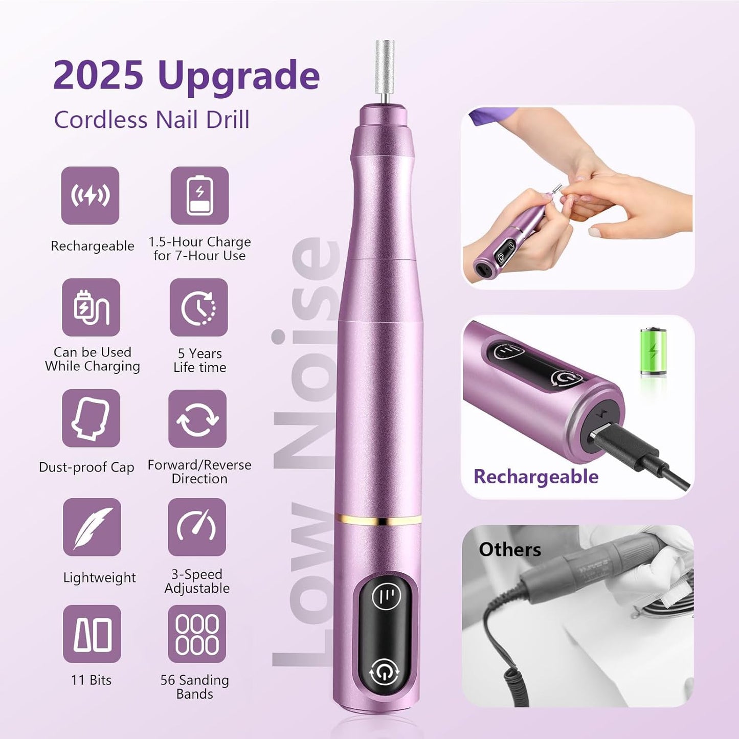 Cordless Nail Drill Electric Nail File Kit Rechargeable Professional Efile Nail Set, Portable Acrylic Gel Nail Polish Remover Machine Pedicure Manicure Tool, 11 Bits 56 Sanding Bands Salon Home