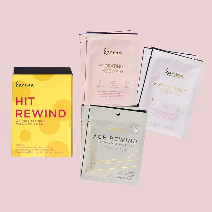 Karuna Hit Rewind Wrinkle Refining Mask and Patch Set, Includes 2 Hydrating Face Masks, 2 Age-Defying Face Masks, and 4 Microneedle Patches