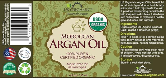 US Organic Moroccan Argan Oil, Cold-Pressed Virgin, USDA Certified, 100% Pure, Unrefined, for Hair, Skin, Nail & Cuticle Care, in Amber Glass Bottle, Sourced from Morocco (4 oz (Large))